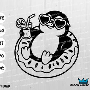 Pingüino SVG, flotador de piscina de verano, PNG, animal divertido, DXF, limonada, clipart, gafas de sol de corazón, SVG, playa tropical, impresión, corte en blanco y negro, Cricut, plotter