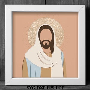 Jesus SVG Shadow Box Template, Modern Christian Layered Art Cut File, Holy Portrait with Glitter Halo, Faith Wall Decor SVG Minimalist Jesus