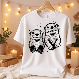 Pareja de nutrias SVG, lindos animales, fauna silvestre, clipart, marina, cricut, corte, amor, nutrias, PNG, DXF, imprimible, arte, póster, pegatina, diseño en blanco y negro