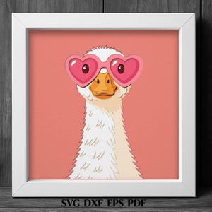 Gans SVG Schatten Box Vorlage Lustiger verliebter Vogel Brille Laser Schnitt Schicht Kunst Bauernhof Tier Wand dekor Cricut SVG Dxf PDF Nettes Geschenk