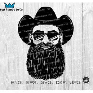 Svg cow-boy, homme barbu png, clipart western avec chapeau et lunettes de soleil, sticker de style country pour chemises, tasses, dxf découpé au laser, eps cricut