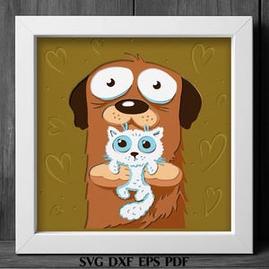 Lustiger Hund und Katze SVG Schattenbox-Vorlage, süßes Tier geschichtet SVG für Cricut, 3D Haustier Papierschnitt, lustige Haustier Kunst, Laser geschnittenes Multilayer-Design
