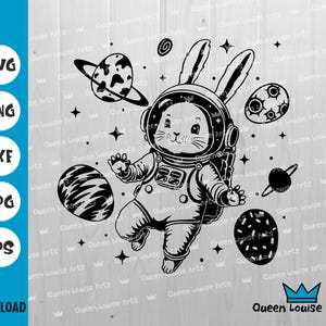 Conejito de Pascua SVG, Conejo astronauta PNG, Huevo espacial lindo DXF, Clipart de animal cósmico en blanco y negro para corte láser y diseño infantil