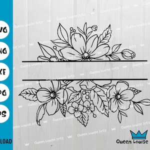Marco de flores SVG Dxf Png Pdf Monograma dividido Marco de boda, Adornos florales Divisor de texto, Borde de flor dividido Corte Cricut Silueta digital