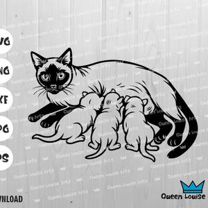 Gata con gatitos SVG PNG DXF: arte lineal de gata lactante para Cricut, impresiones para guarderías y regalos para amantes de los gatos. Gato alimentando a sus bebés, gatitos bebés.