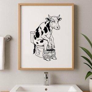 Koe op toilet SVG grappige badkamer zeer fijne tekeningen, boerderij dieren toilet humor, zwart witte koe clipart Cricut, lasergesneden png dxf leuke badkamer kunst muur