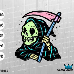Pastel Grim Reaper PNG SVG, Cute Skeleton Halloween Clipart, Funny Death Character for Cricut, Mug, Shirt, Sticker, Poster Design