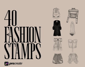 May include: An illustration with the text "40 FASHION STAMPS" and fashion sketches. The sketches include a trainer, a striped top, a black coat, a dress, denim shorts, a corset, and a ruffled skirt. The Procreate logo is in the bottom left corner.
