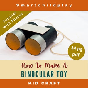 May include: A craft project tutorial for making a cardboard binocular toy. The image shows a pair of binoculars made from two cardboard tubes, with a gray and silver tape detail, and a brown cardboard strip across the top. The binoculars are attached to a string.
