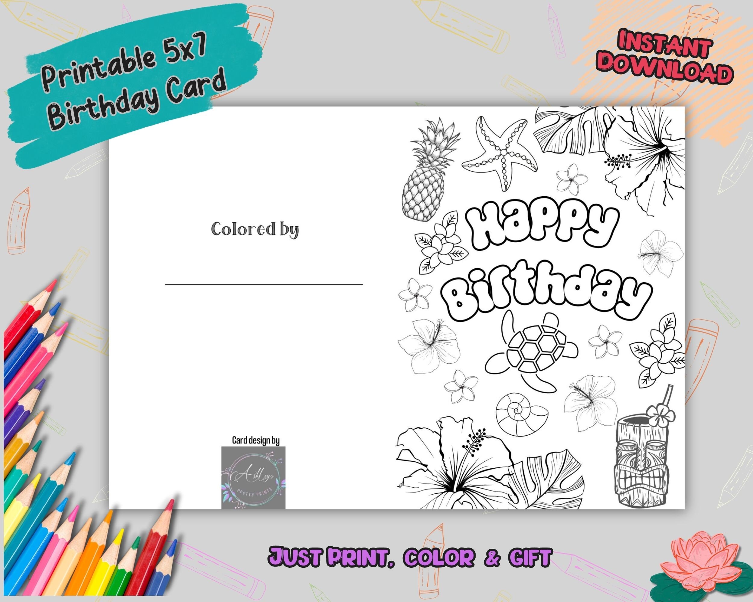 Printable Happy Birthday Coloring Card, Birthday Color Your Own Card ...