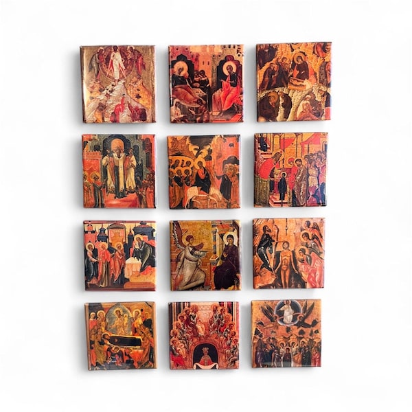 Orthodox Christian Icons 2"x2" Magnets, 12 Feasts + Pascha Set