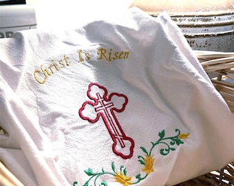Orthodox Pascha Basket Cover – Christ Is Risen Embroidered Cloth (28" x 28")