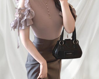 Ruffle Ribbon-Tie Knit Top: Cold-Shoulder Organza - Himekaji J-Fashion