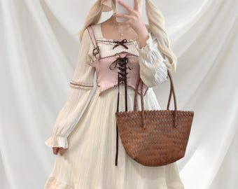 Cottagecore Dress Set: Cream Dress with Pink Lace-Up Vest