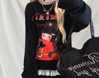 Japansk överdimensionerad svart t-shirt med grafiskt karaktärstryck Anime-t-shirt Kawaii Jfashion