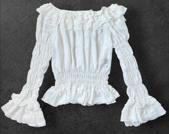 Bodyline Japanese brand  shirring white blouse with long flared sleeves Japanese girls sweet kawaii shoujo clothes Jfashion  harajuku style