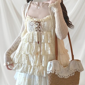 Coquette beige lace floral babydoll slip dress/skirt matching set