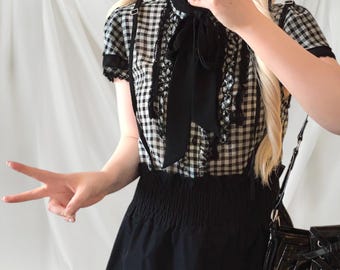 Kawaii gingham blouse with lace and ribbon details Jfshion, feminine