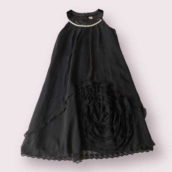axes femme black dress chiffon with pearl neckline and rosette detai Fashion