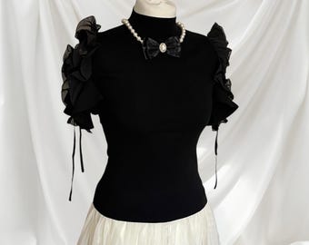 Ruffle Ribbon-Tie Knit Top: Cold-Shoulder Organza - Himekaji J-Fashion