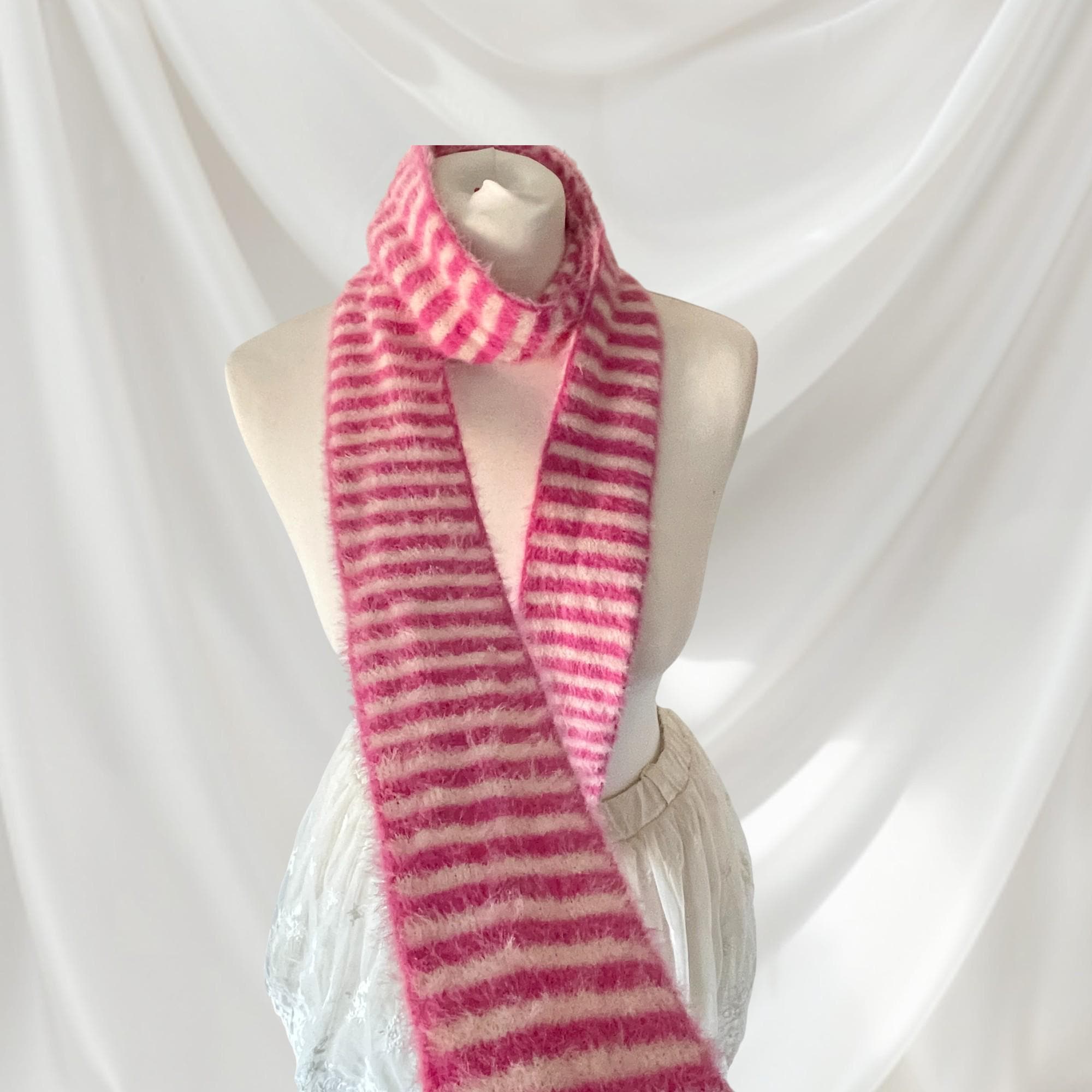 Striped Faux Fur Skinny Scarf - Soft Cosy Retro Y2k Style, Jashion