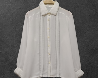 80’s~90’s 北欧系 vintage sheer shirt white 80s Sheer Jacquard Stripe Sheer Blouse, Vintage Dead-stock Classic