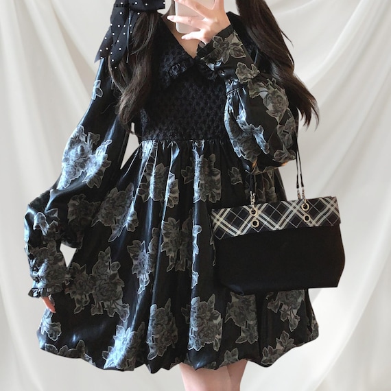 black dress with rose print babydoll gothic floral long sleeve dark coquette dress Short rose Type_Loafers Elegant Quince Dresses for Color:Avocado Cream
