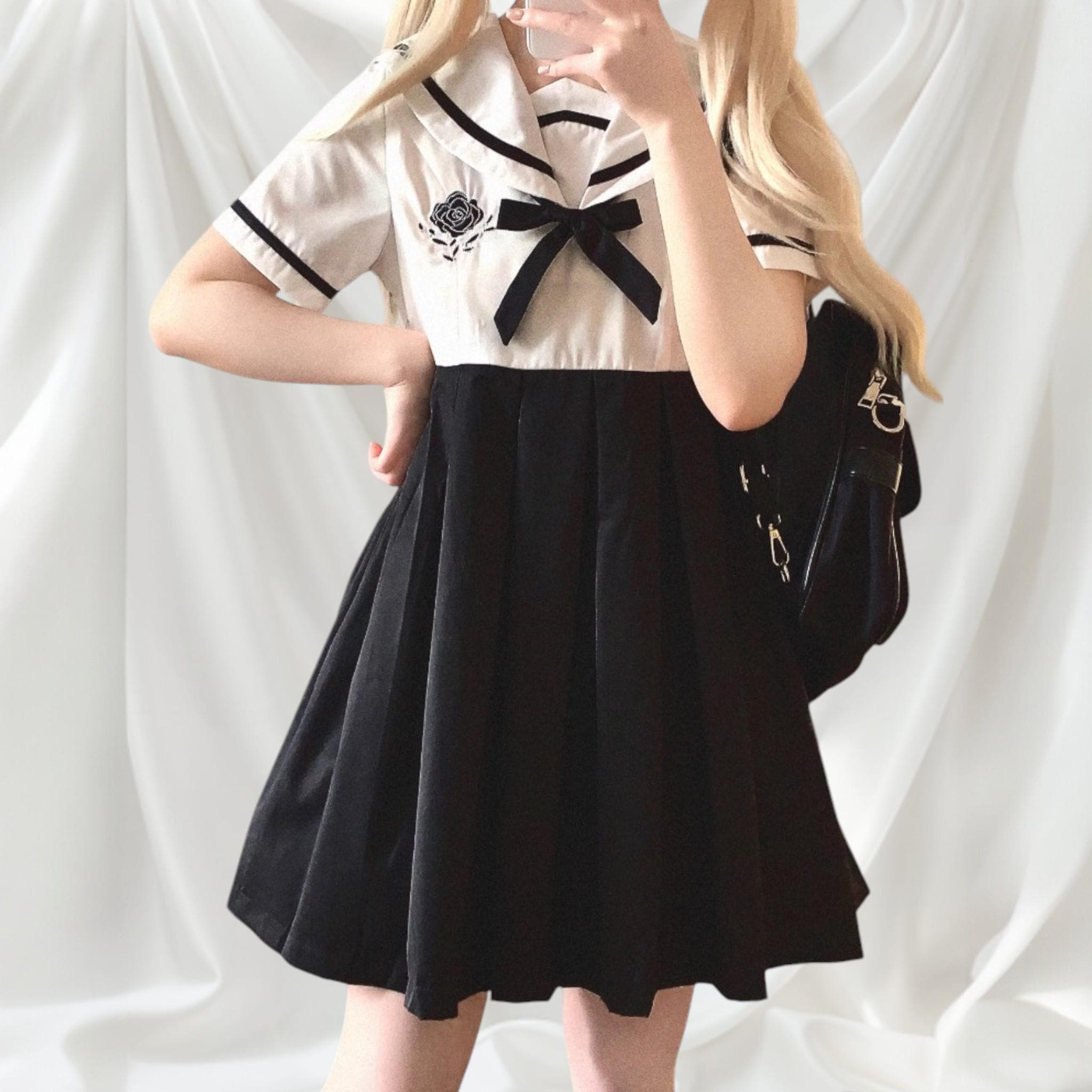 black sailor dress Classic Sailor-style With Ribbon Trim– Japanese Girly Fashion Style Anime Dark Academia Color:olive style collar and bow summercat_2025 Black Cotton Pants