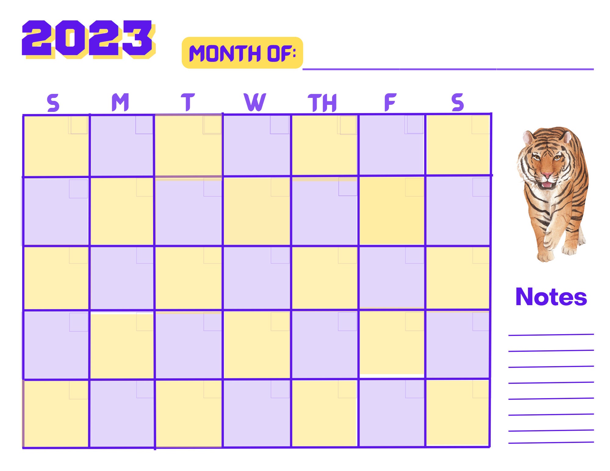 Downloadable Printable Calendar Purple and Gold Team Spirit Tiger One ...
