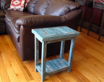 Dark Turquoise Rustic End Table ~ Side Table, Highly Distressed Finish