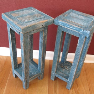 Set of Two ~ Highly Distressed Rustic Dark Turquoise Side Tables ~ Plant Stands