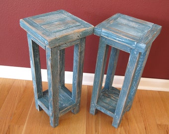 Set of Two ~ Highly Distressed Rustic Dark Turquoise Side Tables ~ Plant Stands