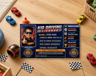 Kid Driving License Personalized PVC Card | Custom Photo Power Wheels Ride On Gift | Race Car Birthday Party Favor