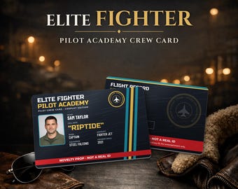 Elite Fighter Pilot Academy Crew Card | Custom Call Sign Aviator Cosplay ID with Photo | Pilot Gift, Halloween Costume Prop