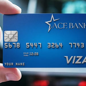 May include: A blue credit card featuring a silver star logo and the text ACE BANK. The card includes a silver EMV chip, the number 5678 5447 3264 7743, a valid thru date of 12/28, the text VIZA, and a placeholder for a name labeled YOUR NANE.