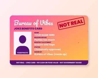 Funny Benefits Card PVC | Custom Photo Joke Card for Party Animals | Bureau of Vibes Gag Gift, Novelty, No Cash Value