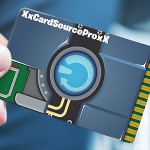 May include: A blue and gray card with the text "XxCardSourceProxXx" and a blue circular icon with a white arrow inside. The card has a green and yellow striped border.