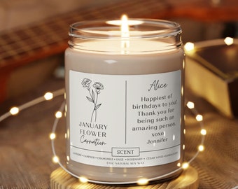 Kundenspezifische Geburtsblume Personalisierte Kerze Geschenk für Freund Geburtstagsgeschenk für Sie mit benutzerdefinierter Notiz und Geburtsmonat-Blumen-Design