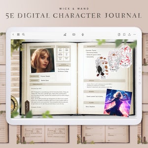 Puede incluir: Un diario de personaje digital para Dungeons and Dragons 5ª edición. El diario está abierto a una página con una sección de apariencia del personaje, una sección de historia y una sección para los detalles del personaje. El diario está en una tableta con un fondo blanco.