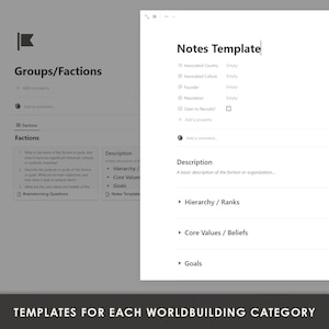 May include: A digital template for worldbuilding, with a section for groups and factions, and a section for notes. The notes section includes fields for associated country, culture, founder, reputation, and whether the group is open to recruits.