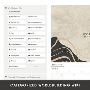 May include: A light brown and black graphic with the text "Categorized Worldbuilding Wiki" and a list of categories for worldbuilding, such as "Belief Systems", "Combat Style", "Currency", "Flora", "Government Systems", "Historical Events", "Legends", "Magic Items", "Physics", "Technology", "Characters", "Cultures/Customs", "Diseases/Conditions", "Food", "Groups/Factions", "Languages", "Locations", "Magic Systems", and "Species". There is also a calendar for July 2023.