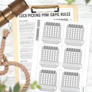 May include: A printable game board for a lock-picking mini-game. The board has six sections, each with a grid of squares and a row of pins at the top. The game board is printed in black and white.
