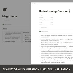 May include: A brainstorming worksheet with a list of questions to help create a magic item for a role-playing game. The questions cover the item's name, purpose, appearance, source of power, and how it is used.