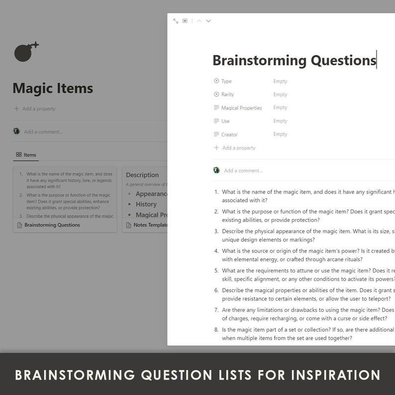 May include: A brainstorming worksheet with a list of questions to help create a magic item for a role-playing game. The questions cover the item's name, purpose, appearance, source of power, and how it is used.