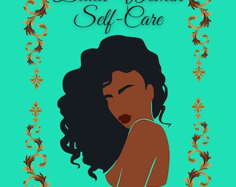 Pode incluir: Uma capa de livro para colorir com uma mulher negra de cabelo encaracolado, uma moldura dourada adornada e o texto "Black Women Self-Care Coloring Book".