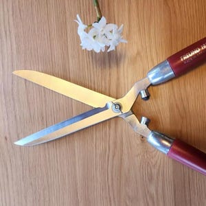 Vintage Freund Hedge Shears 19&#39;&#39; Chrome-Plated, 7.5&#39;&#39; Blade, Red Wood Handles, Professional Pruning Tool - Made in Germany, New Old Stock