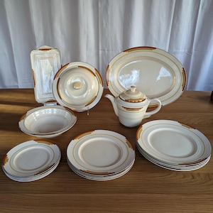 1930s Booths Silicon China Art Deco Dinnerware, Orange Gold Geometric Pattern, Choose Plates, Bowls, Teapot, Tray, Platter, England