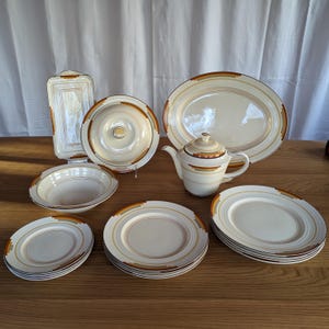 1930s Booths Silicon China Art Deco Dinnerware Service for 4, Orange Gold Geometric Pattern, Teapot Serving Pieces England
