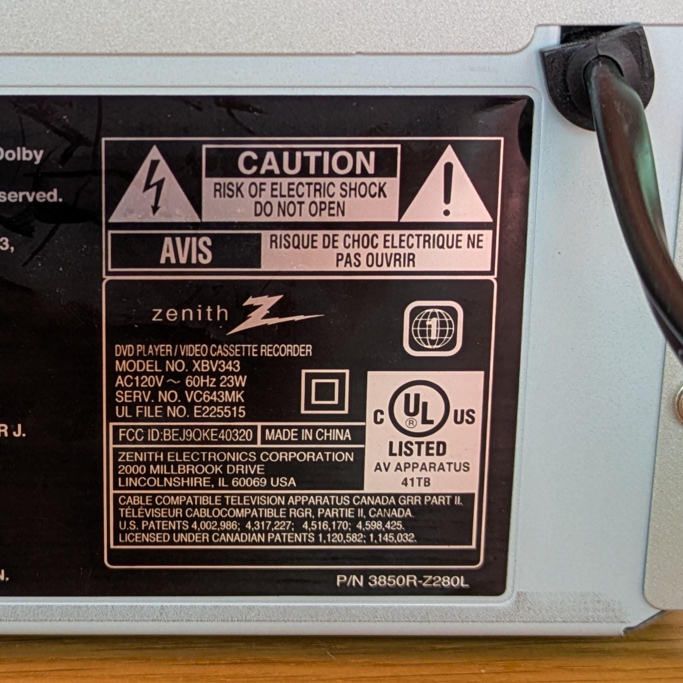 Zenith DVD VCR Combo Player – 4-head Hi-fi, Tested Working (no