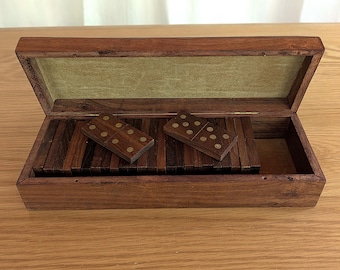 Vintage Rosewood Domino Set with Brass Inlay, Indian Game Night Decor